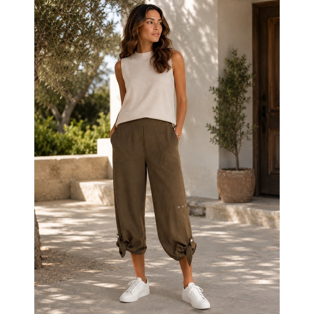 KENAR Women's New Capri Cropped Pants 8 Roll Tab Linen Blend Brown Boho Vintage